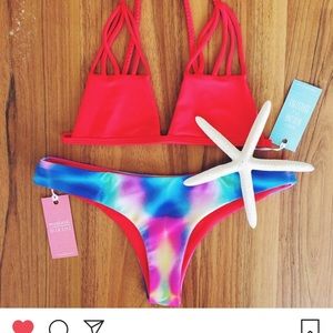 moana bikini Red Top with Multicolor Tie-Dye Bottoms